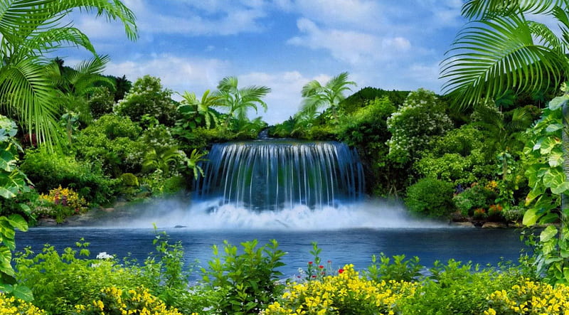 Silver trills, grass, bonito, clouds, silver, nice, waterfall, flowers, reflection, trills, tropics, blue, lovely, sky, palms, water, paradise, plants, summer, nature, HD wallpaper