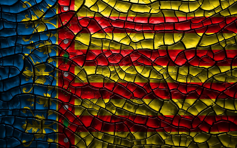Flag of Valencia spanish provinces, cracked soil, Spain, Valencia flag, 3D art, Valencia, Provinces of Spain, administrative districts, Valencia 3D flag, Europe, HD wallpaper