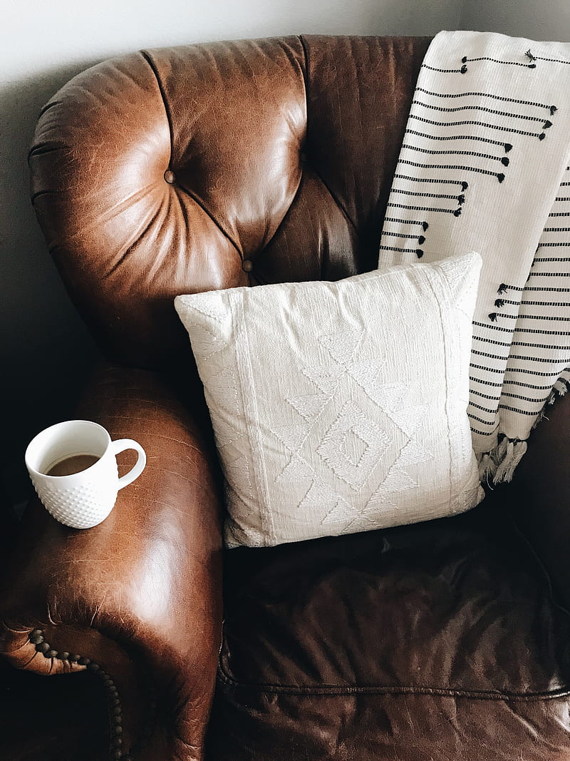 square white throw pillow on brown leather sofa chair, HD phone wallpaper