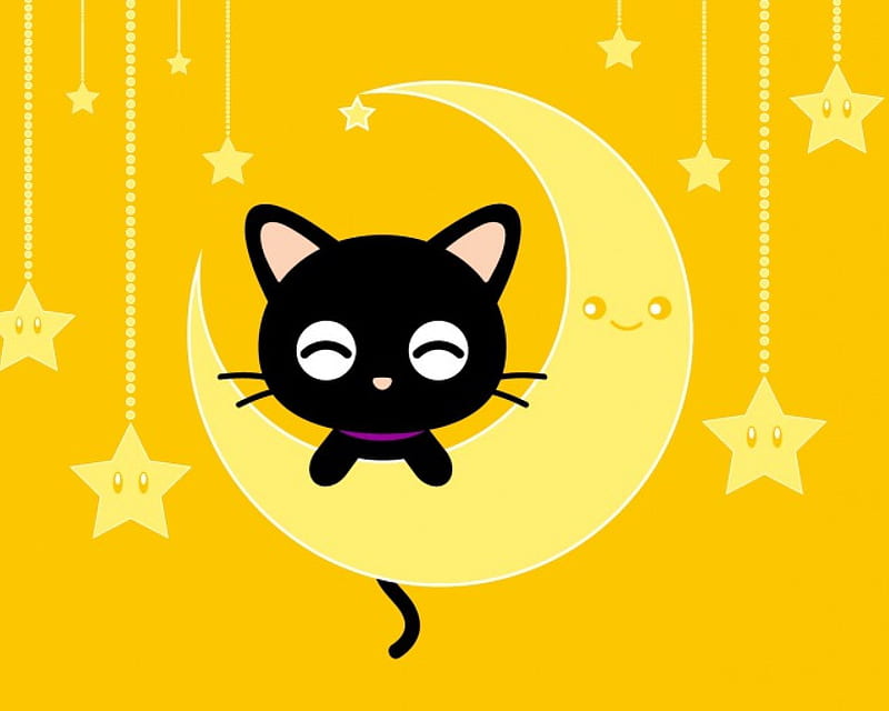 Chococat, Cute, Yellow, Moon, Cartoon, Cat, Kawaii, HD wallpaper