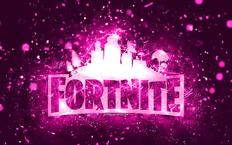 Fortnite purple logo, purple neon lights, creative, purple abstract background, Fortnite logo, online games, Fortnite, HD wallpaper