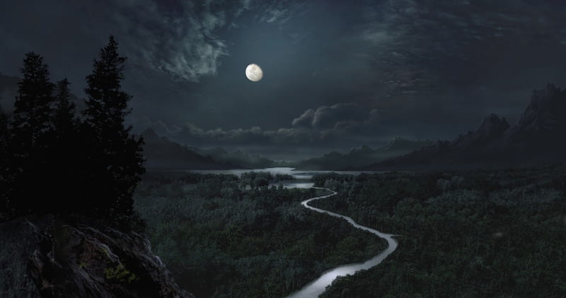 Moon, mountain, forest, river, lake, night, HD wallpaper
