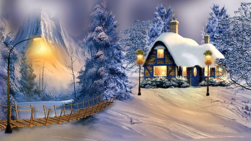 Warm Lights in the Night, pretty, Art, Snow, Winter, HD wallpaper