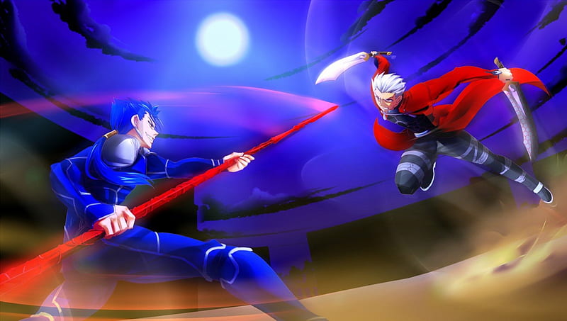 Lancer VS Archer, fighting, male, white hair, weapons, fate stay night, moon, battle, blue hair, anime, fight, archer, night, lancer, HD wallpaper