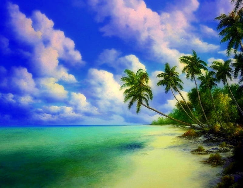 ★Paradise on the Beach★, stunning, seascapes, panoramic view, attractions in dreams, bonito, seasons, clouds, sea, palm trees, paintings, scenery, islands, love four seasons, places, creative pre-made, sky, paradise, beaches, summer, nature, relaxing, tropical, HD wallpaper