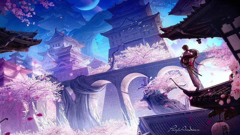 Sakura Castle , castle, artist, artwork, digital-art, HD wallpaper