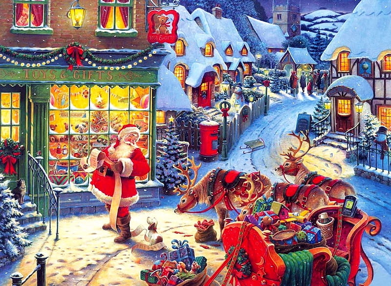 The Christmas List, sleigh, shop, snowmen, christmas, postbox, church, snowman, santa, snow, decorations, presents, reindeer, toys, gifts, HD wallpaper