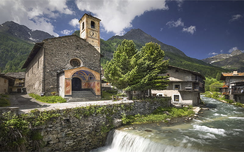 Piedmont, church, mountain landscape, Alps, summer, mountain river, Italy, HD wallpaper