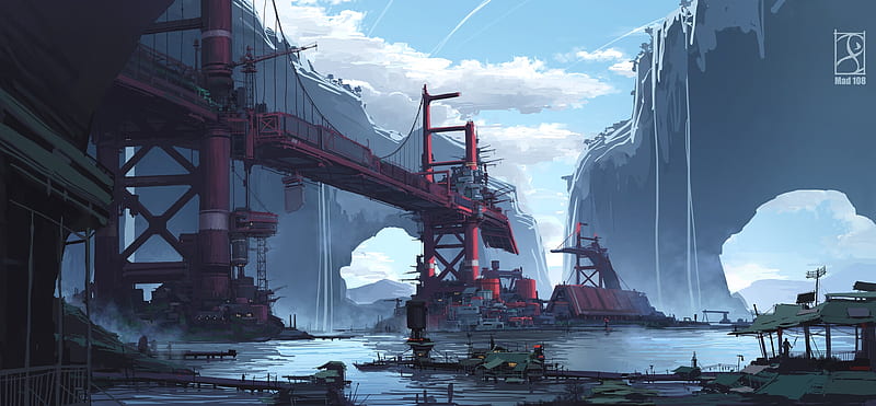 wrecked bridge, sci-fi, post-apocalyptic, artwork, industrial, Fantasy, HD wallpaper