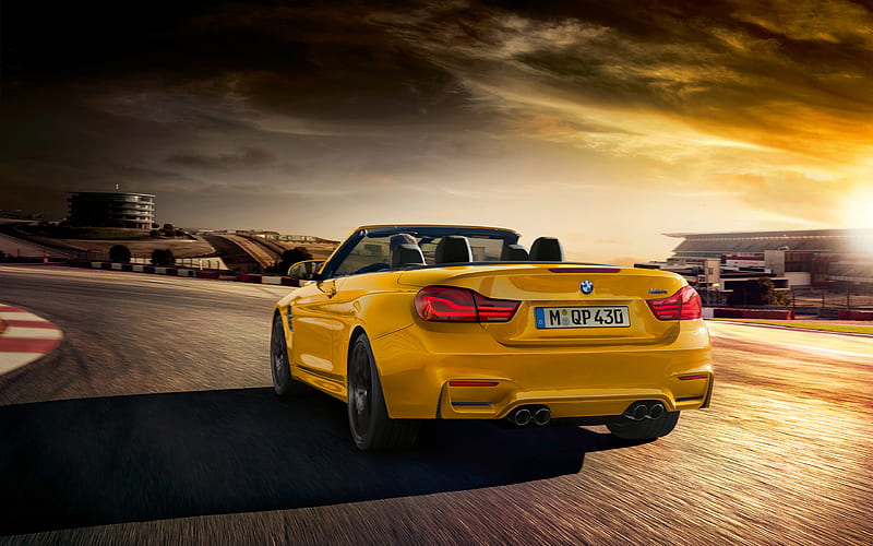 BMW M4, Convertible Edition 30 Jahre, 2018 exterior, rear view, yellow cabriolet, racing track, tuning yellow m4, German cars, BMW, HD wallpaper