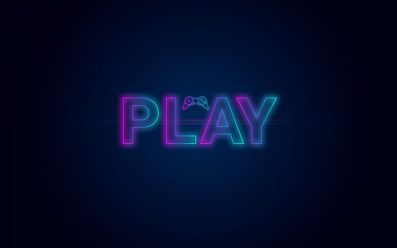 Play, video game, Play concepts, PlayStation, neon light logo, blue background, PS4 concepts, game console, HD wallpaper