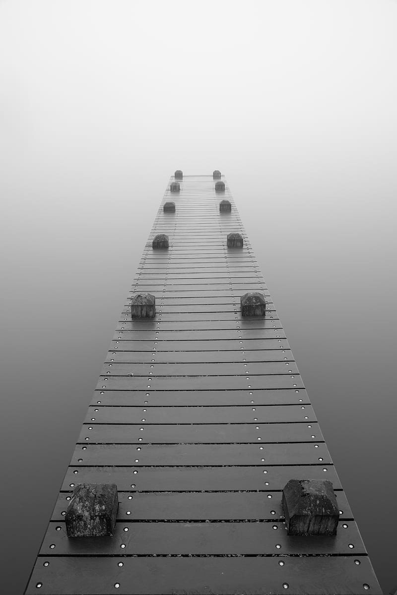 pier, fog, bw, gray, HD phone wallpaper