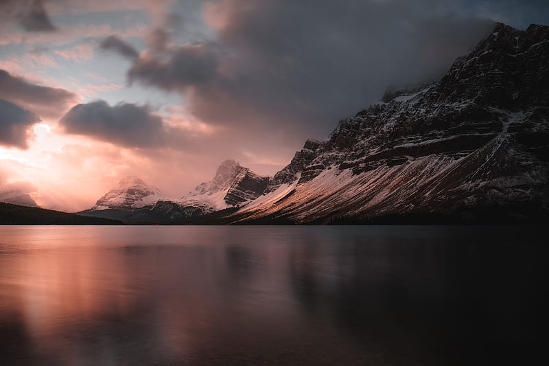 lake, mountains, sunset, dusk, landscape, HD wallpaper