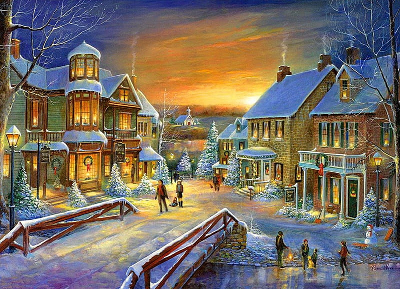Holiday village, christmas, holiday, houses, town, new year, sky, eve, lights, noel, winter, snow, ice, peaceful, village, streat, HD wallpaper