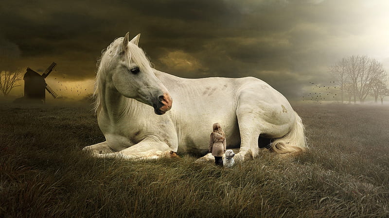 Giant horse, giant, fantasy, little girl, creative, horse, animal, dog, HD wallpaper