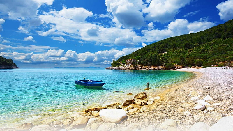 Beautiful Beach on the Adriatic Sea, beach, sand, boat, nature, clouds, sea, HD wallpaper