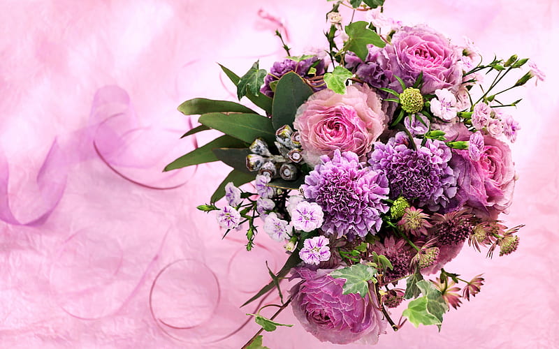 purple roses, wedding bouquet, pink flowers, bouquet of the bride, pink background, wedding concepts, floral background, HD wallpaper