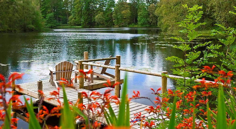 Lake house, house, greenery, pier, park, trees, lake, pond, serenity, flowers, peaceful, reflection, tranquility, fishing, HD wallpaper