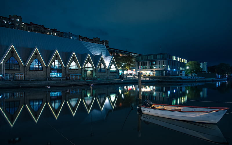 Gothenburg, Swedish city, night, boats, cityscape, Sweden, HD wallpaper