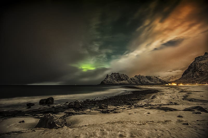 Beach, , Aurora Borealis, Arctic, Norway, Lofoten Islands, HD wallpaper