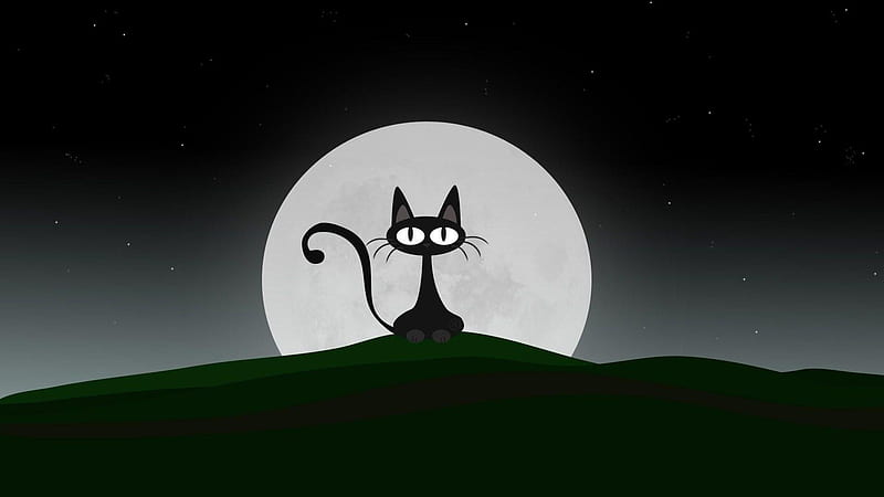 Cat in Moonlight, fantasy, moonlight, cat, abstract, hill, artwork, HD wallpaper