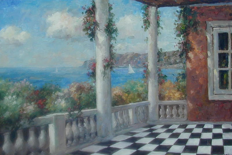A Grand View, My Dear, pillars, railings, flowers, vines, terrace, sea, HD wallpaper