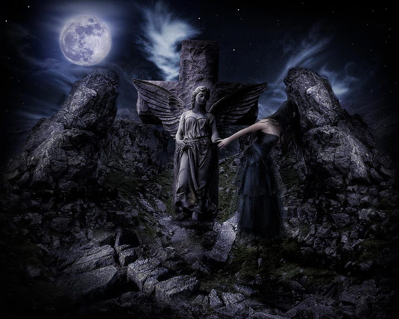 TOUCHED BY AN ANGEL, Stars Statue, Fantasy, dark, Angel, Moon, Gothic, Night, HD wallpaper