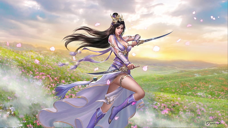 Fantasy, Women Warrior, Girl, Meadow, Woman Warrior, HD wallpaper