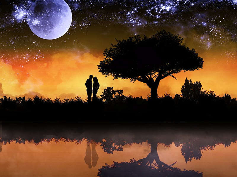 Promises of love, lovers, stars, tree, moon, silhouette, night, HD wallpaper