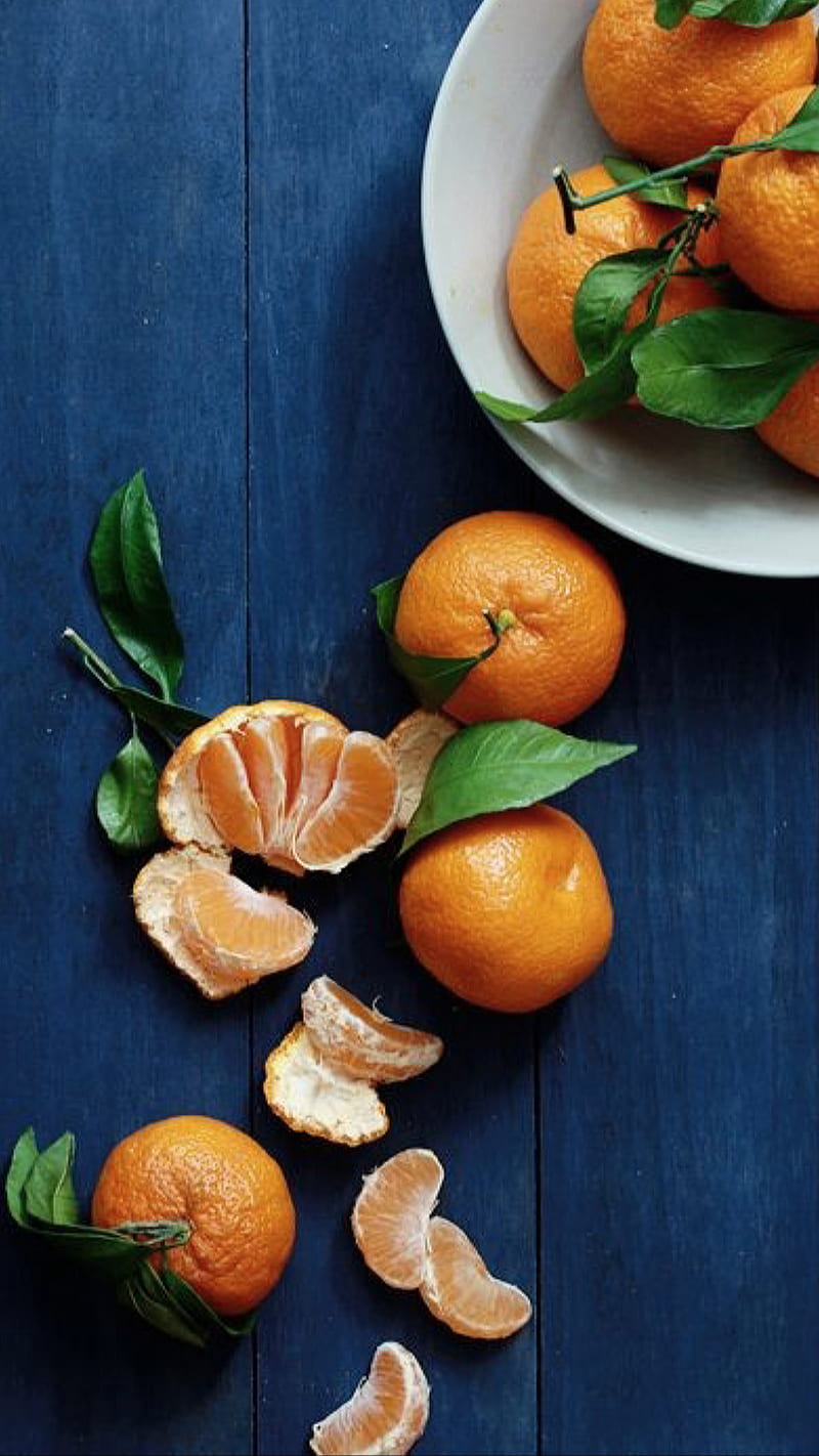 Clementine, blue, fruit, orange, plate, wood, HD phone wallpaper