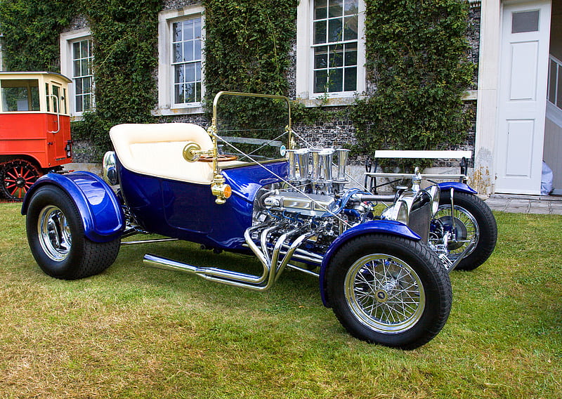 Classic T-Bucket, hot rod, white inteior, ford, blue, HD wallpaper