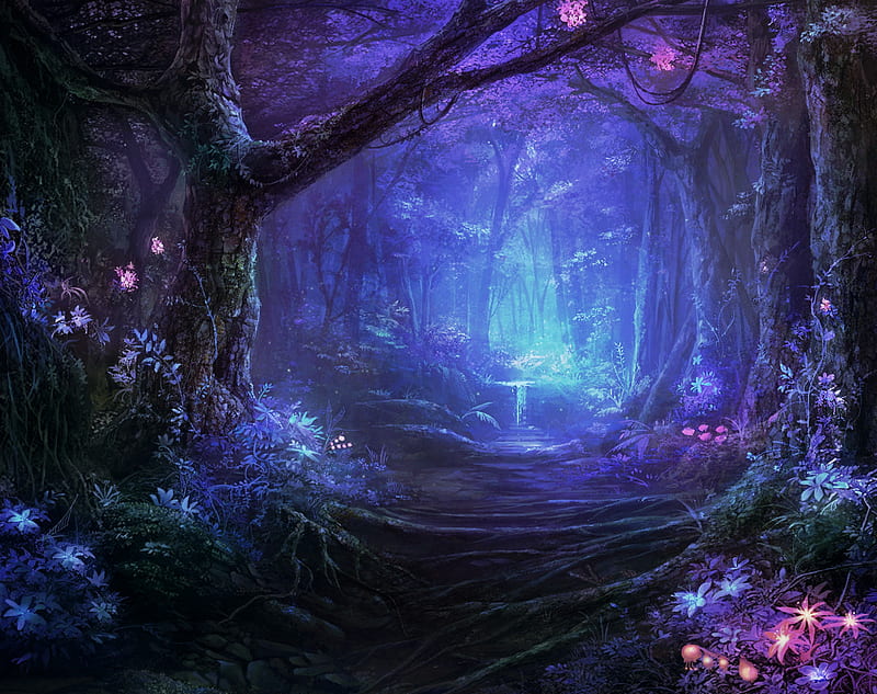 Magical Forest, forest, flowers, magical, bonito, blue, HD wallpaper