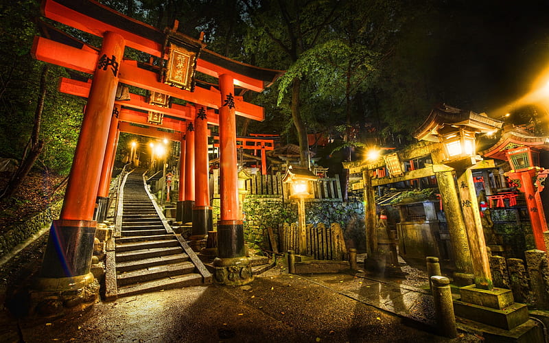 shrine, torii, temple, japan, night, lights, gate, Nature, HD wallpaper