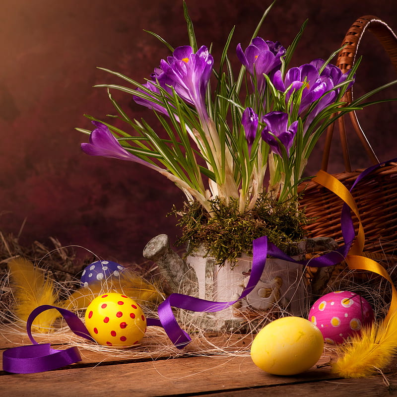 Easter Decor, crocus, decoration, egg, flowers, holiday, yellow, HD phone wallpaper
