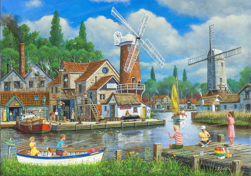 Fishing village, windmill, water, Boats, people, HD wallpaper