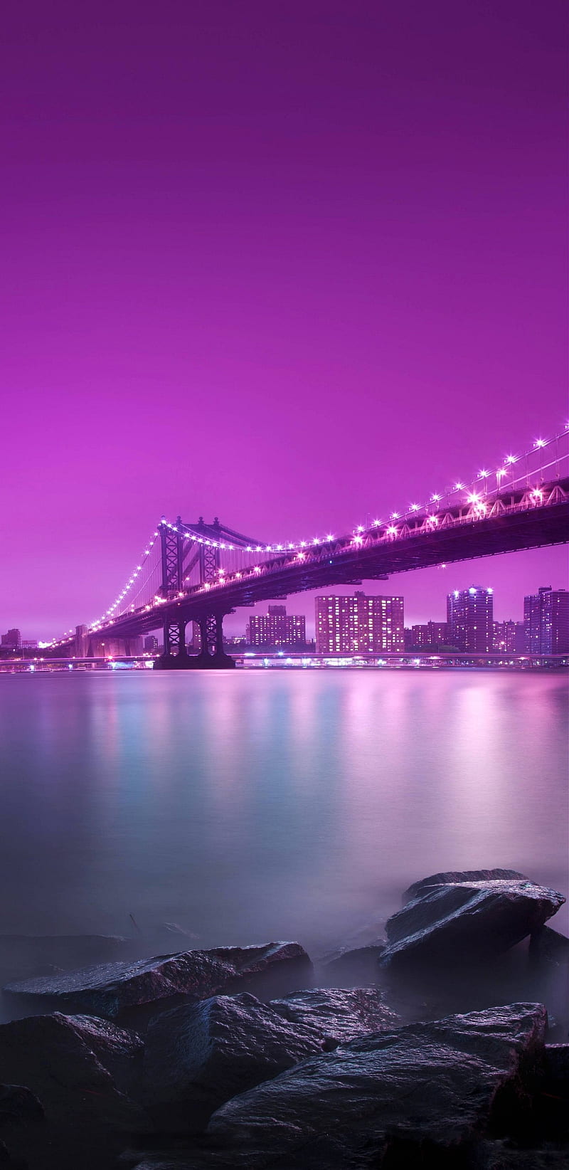 new york, art, bridge, pink, purple, sunset, HD phone wallpaper