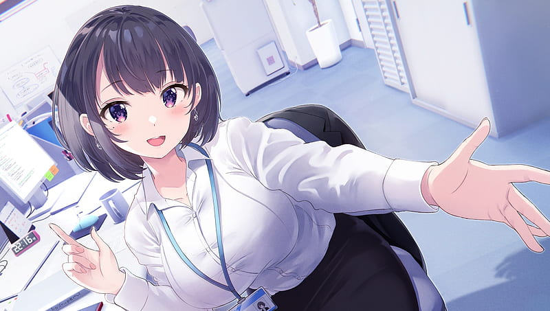 anime working woman, short hair, smiling, shirt, cute, desk, Anime, HD wallpaper