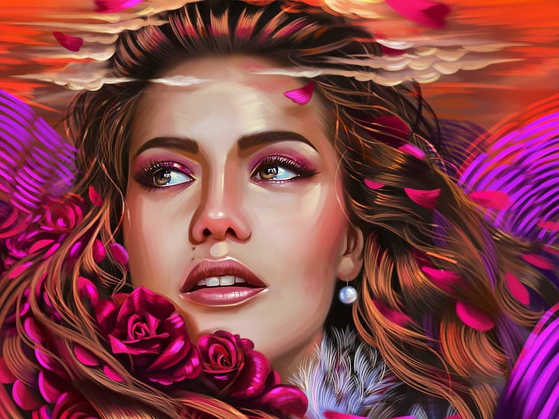 Roses, flower, face, pink, portrait, art, cloud, rose, yasar vurdem, luminos, fantasy, girl, HD wallpaper