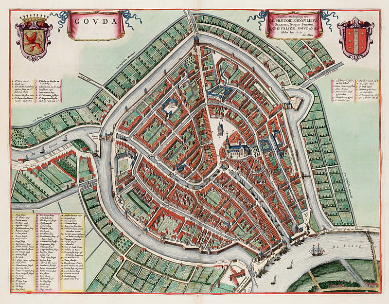 Old map Gouda by Iohannis Blaeu, 17th century, church, ijssel river houses, street plan, drawing, ioh blaeu, townhall, streets, map, HD wallpaper