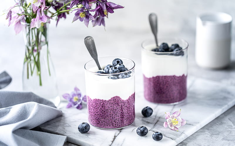blueberry yogurt, dairy products, yogurt with seeds, breakfast, yogurt with blueberries, HD wallpaper