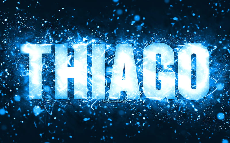 Happy Birtay Thiago, blue neon lights, Thiago name, creative, Thiago Happy Birtay, Thiago Birtay, popular american male names, with Thiago name, Thiago, HD wallpaper