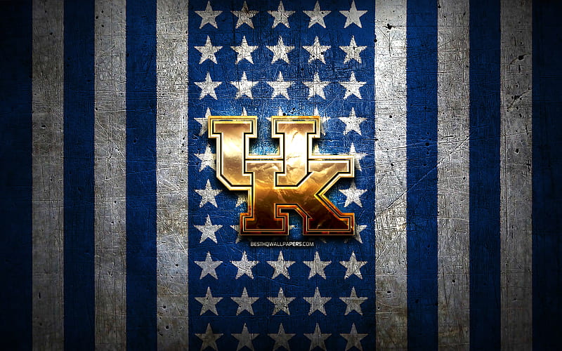 Kentucky Wildcats flag, NCAA, blue white metal background, american football team, Kentucky Wildcats logo, USA, american football, golden logo, Kentucky Wildcats, HD wallpaper