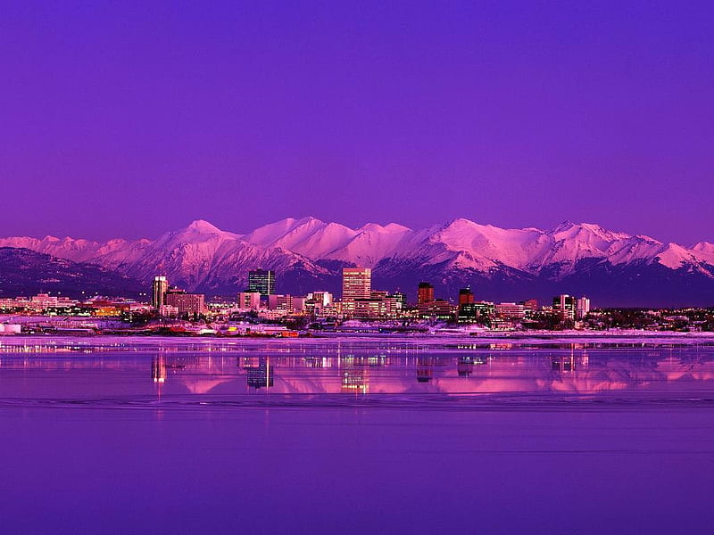 Winter in Anchorage, pretty, hues, dusk, lavender, bonito, sunset, sea, cold, city, skyline, evening, reflection, anchorage, pink, night, ocean, alaska, sky, winter, water, purple, snow, mountains, nightfall, nature, HD wallpaper