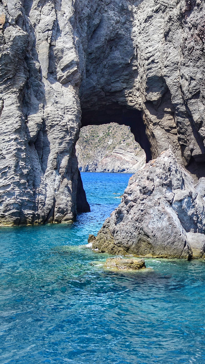 Hole, blue, rock, sea, sycylia, water, HD phone wallpaper