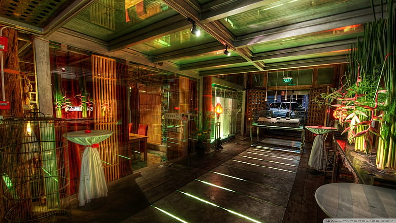 lobby in a beijing restaurant, hlass, lobby, restaurant, doors, HD wallpaper