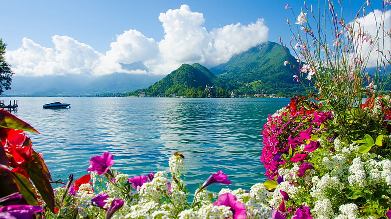 Beautiful landscape, mount, clouds, nice, boat, splendor, scenario, flowers, sky, water, cool, awesome, garden, white, landscape, red, scenic, isle, 1920x1080, bonito, graphy, green, river, mirror, scenery, pink, magnificent, blue, amazing, reflex, lakescape, view, lake, riverscape, plants, petals, island, nature, reflections, scene, HD wallpaper