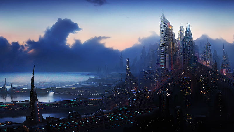 Coastal City, sci-fi, city, fantasy, ocean, HD wallpaper