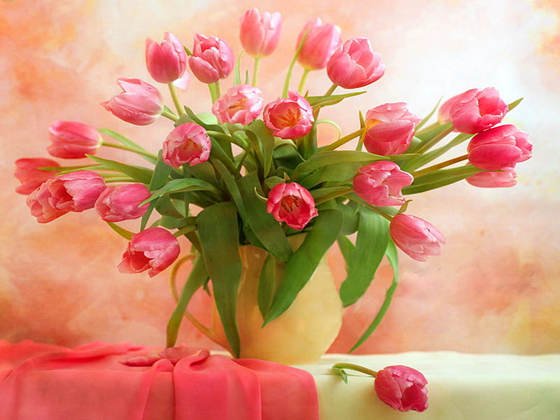 Still life, red, pretty, lovely, vase, bonito, delicate, nice, flowers, tulips, pink, harmony, HD wallpaper