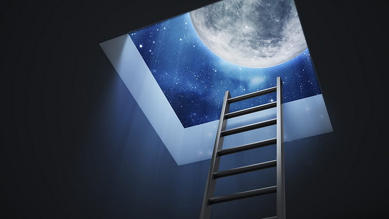 Moon, roof, moon, luminos, stairs, white, sky, blue, HD wallpaper