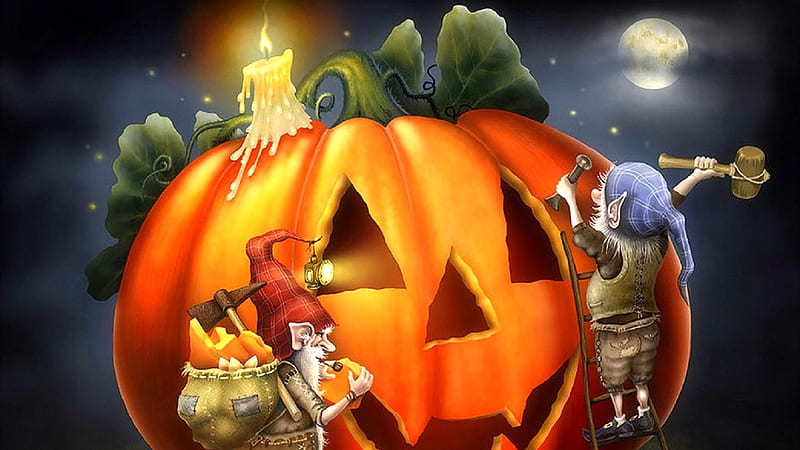 dwarf getting ready for halloween, pumpkin, halloween, two, dwarf, carving, HD wallpaper